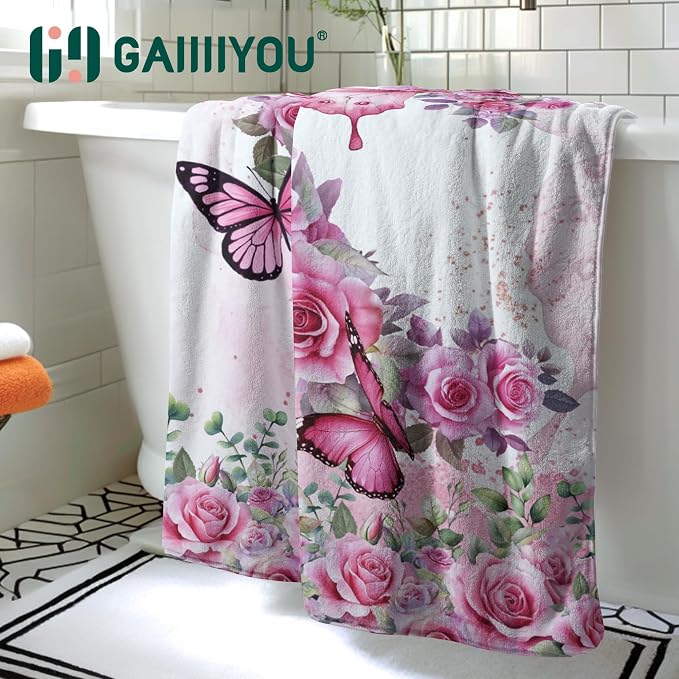 Pink Butterfly Flowers Bath Towel - Spring Rose Microfiber Beach Towel Decorative Bath Sheet for Women Bathroom