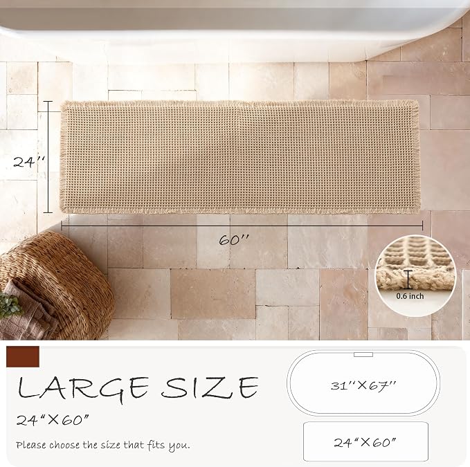 DWCN Brown Waffle Bathroom Mat, Boho Bath Rugs Super Absorbent Non Slip Bath Mats for Bathroom Floor, Ultra Soft Farmhouse Rubber Backed Shower Mats for Tub and Shower, 24 x 60 Inch