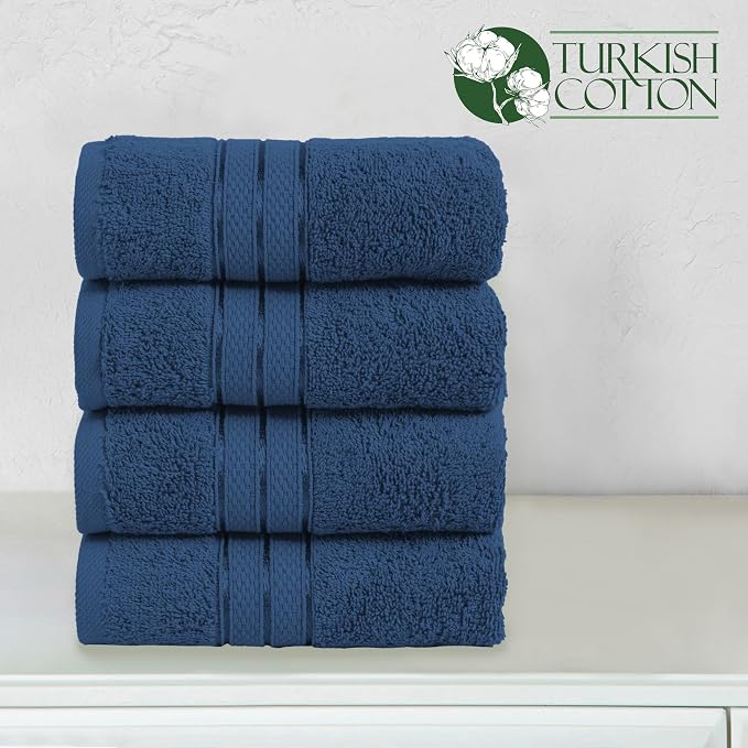 Elegant Comfort Three Line Popcorn Towel Set for Bathroom 16 x 28 inches, Premium Hotel Quality 4-Pack Hand Towels, 100% Turkish Cotton, Soft and Durable, Quick Dry and Highly Absorbent, Navy Blue