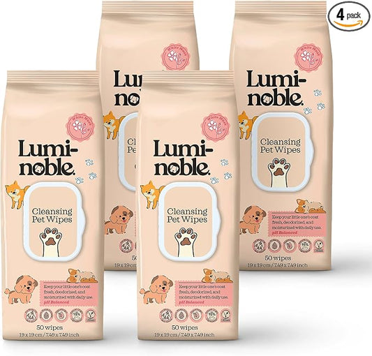 LUMI-NOBLE. Puppy Wipes for Dogs & Cats - 200 Ct (4x50) Hypoallergenic Grooming Wipe, White Musk Scent, Dog Wipes Cleaning deodorizing for Paws, Ears, Butt & Body, Vegan, Sensitive Skin Safe