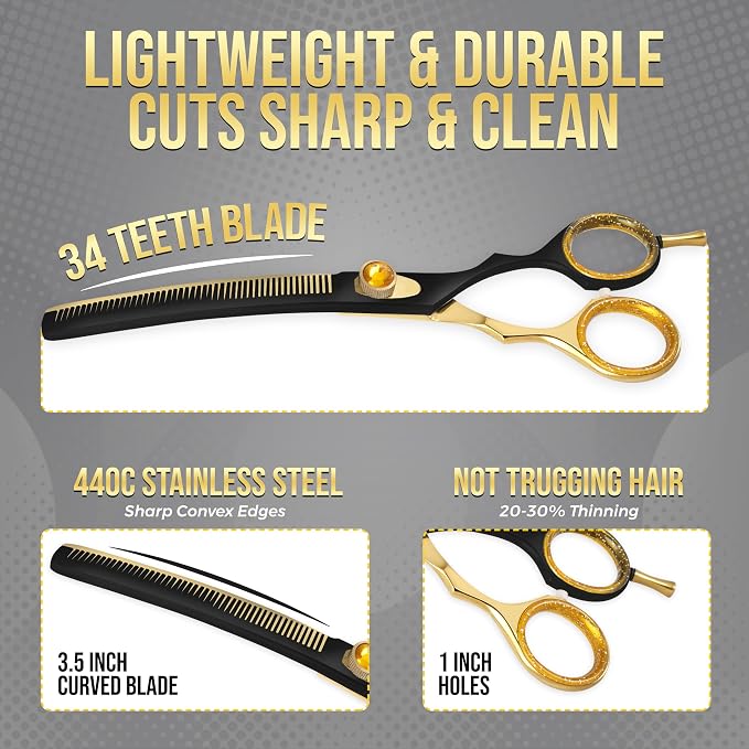 ZAVRIX Professional Dog Grooming Scissors – 7.5” Curved Thinning Shears with 34 Teeth, Pet Chunkers for Dogs & Cats, Premium 440C Stainless Steel Grooming Tools (Golden Black Curved Thinning Scissor)