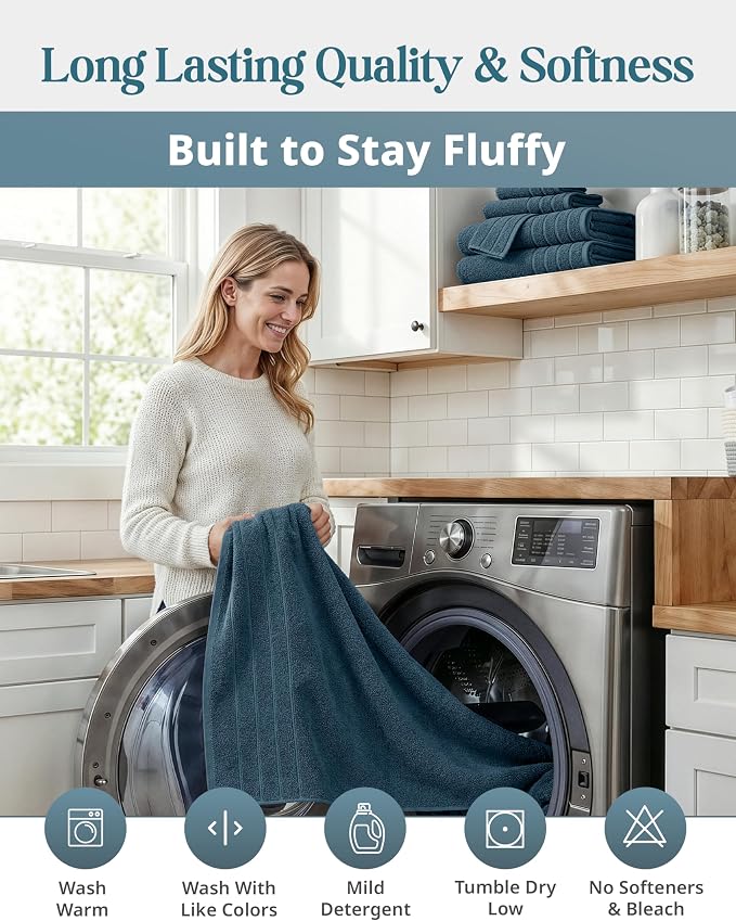 100% Mercerized Cotton Bathroom Towel Sets of 24 - 2 Bath Sheets, 2 Gym Towels, 2 Bath, 4 Fingertip, 6 Hand, 8 Washcloths, Quick-Dry, Luxuriously Soft & Durable, Perfect for Everyday use – Steel Blue