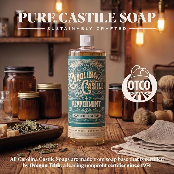 Carolina Castile Soap Peppermint Scent – Certified Organic Base, High Olive Oil Content, Non-Drying, Made with Organic Oils, Concentrated Natural Body Wash for Men and Women (Peppermint, 1 gallon)
