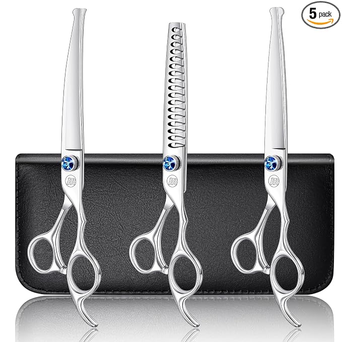 Moontay Professional Dog Grooming Straight, Curved, Thinning/Blending/Chunking Scissors Kit, JP-440C Stainless Steel Pet Cat Hair Cutting/Trimming Shears, Silver