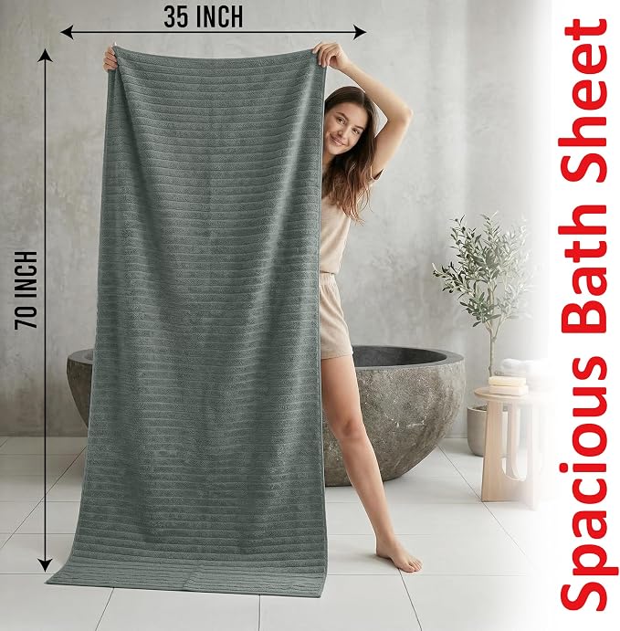 RIVERSIDE Pack of 2 Extra Large Bath Sheet Towels, 35 x 70 Inches, 600 GSM, Ribbed Stripe, 100% Cotton - Super Soft, Highly Absorbent & Quick Dry for Bathroom, Spa & Hotel, Gray