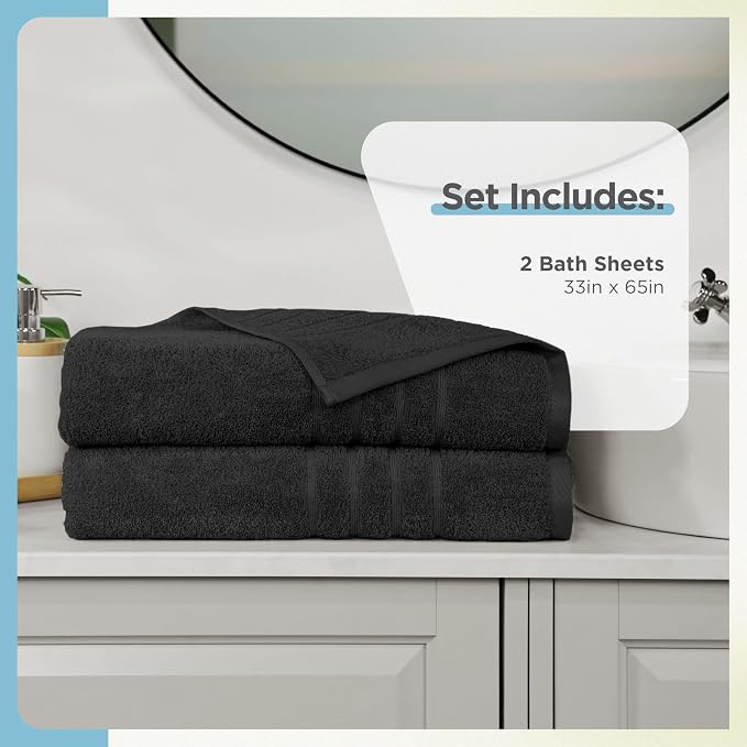 Martex 2-Pack Ultimate Performance Bath Sheet Set, Black, 33" x 65" | 100% Cotton, Extra Large Bath Towels, Super Absorbent, Low-Linting, Supersoft