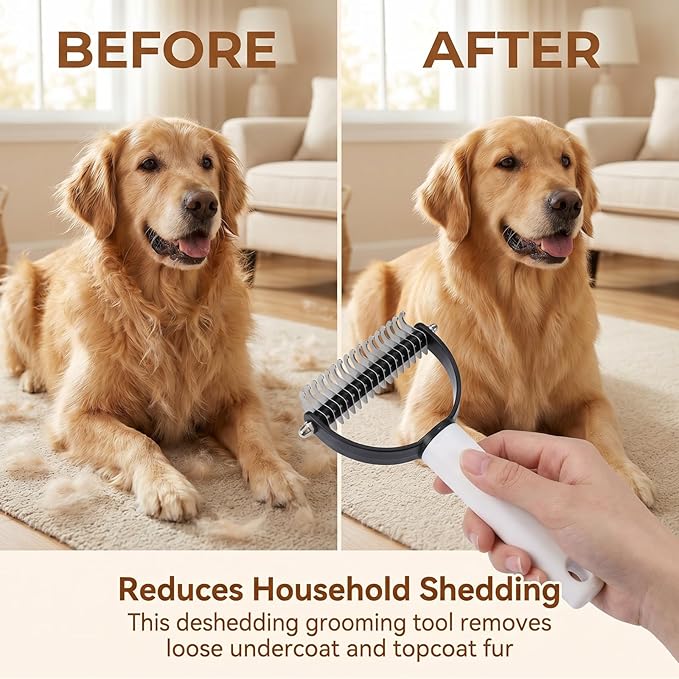 2-In-1 Double Sided Dematting Comb for Cats & Dogs, Multi-Functional Pet Detangling Comb, Double Sided Lint Remover Comb with Lint Roller, Suitable for Both Long and Short Haired Pets (Brown)