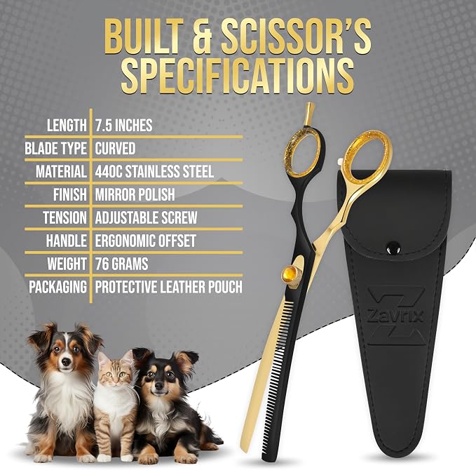 ZAVRIX Professional Dog Grooming Scissors – 7.5” Curved Thinning Shears with 34 Teeth, Pet Chunkers for Dogs & Cats, Premium 440C Stainless Steel Grooming Tools (Golden Black Curved Thinning Scissor)