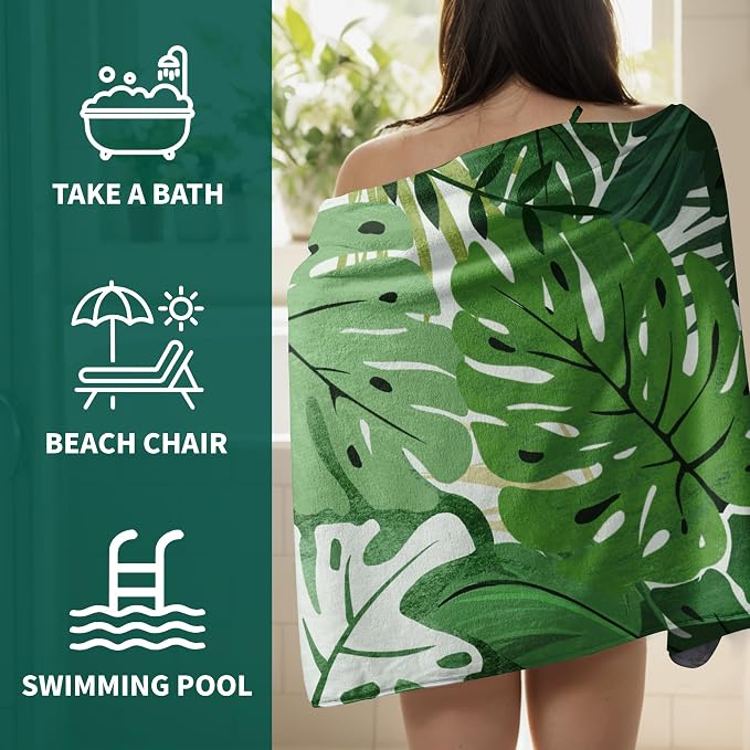 Tropical Palm Leaves Bath Towels Green Botanical Shower Towel Jungle Leaf Pattern Towel for Bathroom Gym Spa