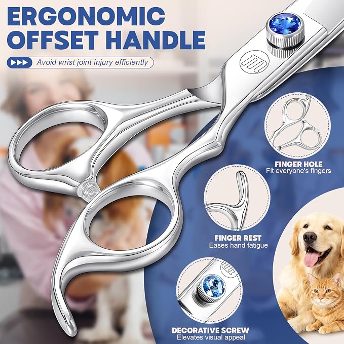 Moontay Professional Dog Grooming Straight, Curved, Thinning/Blending/Chunking Scissors Kit, JP-440C Stainless Steel Pet Cat Hair Cutting/Trimming Shears, Silver