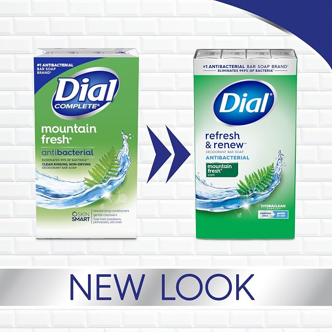 Dial Antibacterial Bar Soap, Refresh & Renew, Mountain Fresh, 4 oz, 32 Bars (Pack of 3)