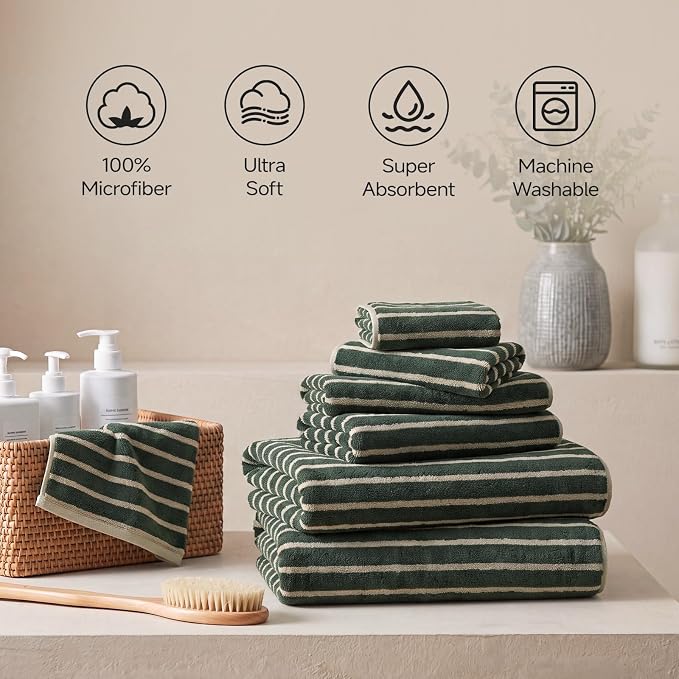 ecolook Striped Microfiber Bathroom Towel Set, Lightweight-Green | Highly Absorbent 6-Piece Microfiber Towel Set, 2 Bath Towels, 2 Hand Towels, and 2 Washcloths for Everyday Use