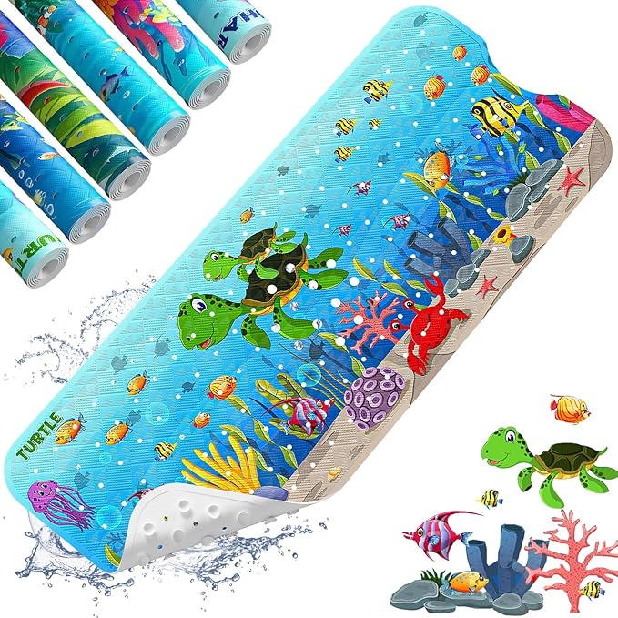 XIYUNTE Baby Bath Mat for Tub Non Slip, BPA Free Extra Long Bathtub Mat Non Slip 40x16 with Drain Holes and 200 Suction Cups, Non Toxic Machine Washable Bath tub mat, EU Certified, Sea Turtle