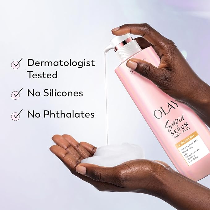 Olay Super Serum Body Wash for Extra Dry Skin, 24hr Long Lasting Rich Hydration, 5+ Ingredient Complex for Bright, Even, Firm, & Luminous Skin, with Collagen Peptide, Vitamin C & Shea Butter, 20 fl oz