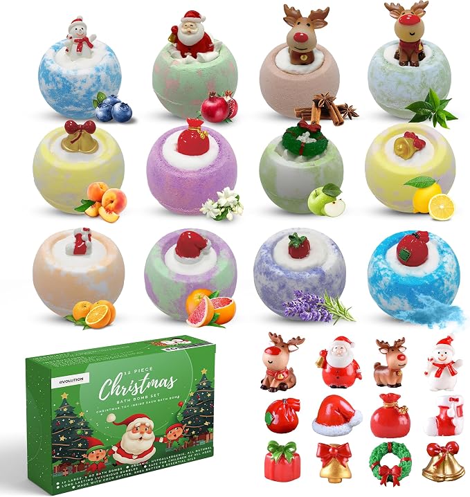 EvolutionUSA 12 Christmas Bath Bombs for Kids - Holiday Bath Bombs with Surprise Inside, Perfect Christmas Stocking Stuffers or Festive Holiday Bathombs Set, Natural & Hypoallergenic Bath Ball Set