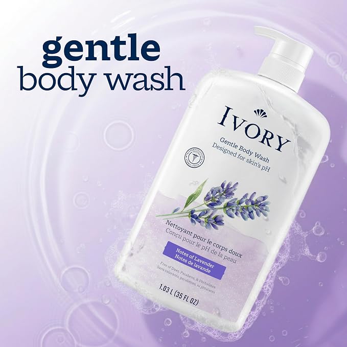 Ivory Body Wash, Designed for the Whole Family, Gentle Formula, Free of Dyes Heavy Perfumes Parabens Phthalates & Silicones, Lavender Scent, 35 oz
