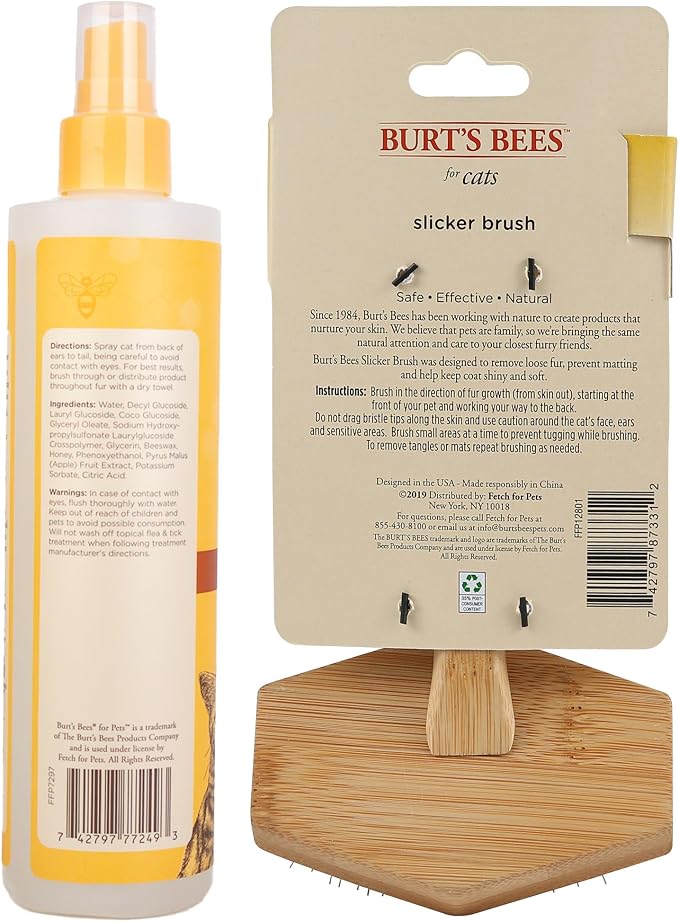 Burt’s Bees for Pets Cat Grooming Bundle: Naturally Derived Waterless Shampoo with Shea Butter and Honey, 10 Oz & Cats Slicker Brush for Removing Loose Fur and Preventing Matting - Easy to Use