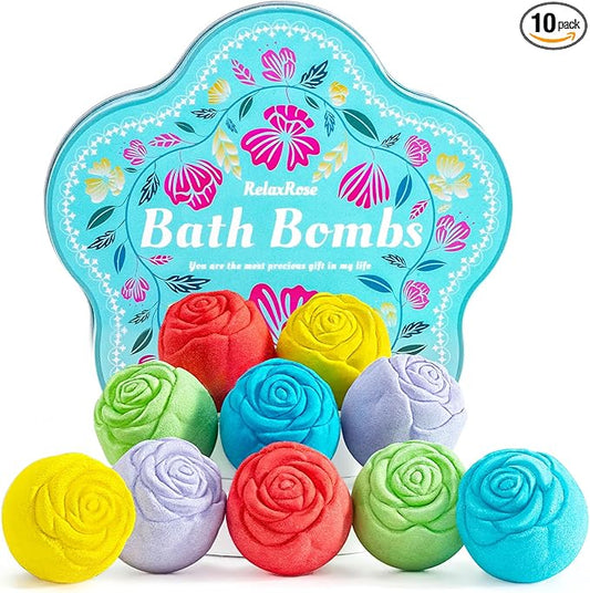 Bath Bomb Gift Set for Women – 10 Pack Handmade with Natural Essential Oils, 5 Aromatic Scents, Relaxing Rose Bubble Bath, Self Care Birthday & Summer Gifts for Mom, Wife, and Her