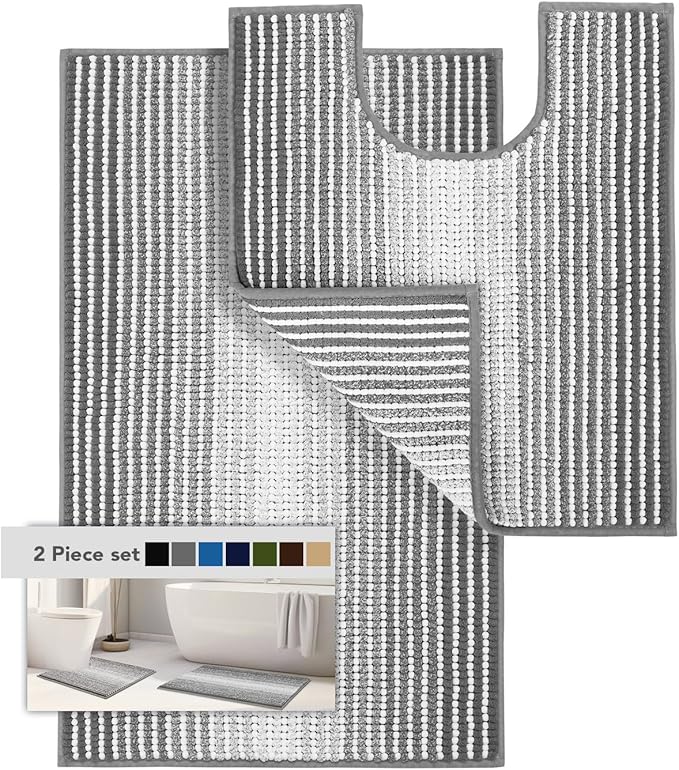 Bathroom Rugs Sets 2 Piece, Toilet Rugs U-Shaped, Contour Bath Mat Rugs Set for Toilet Bathroom, Soft Absorbent Chenille Bath Carpet, Quickly Dry, Washable (Gray, 32"" x 20"" + 24"" x 20""), Grey
