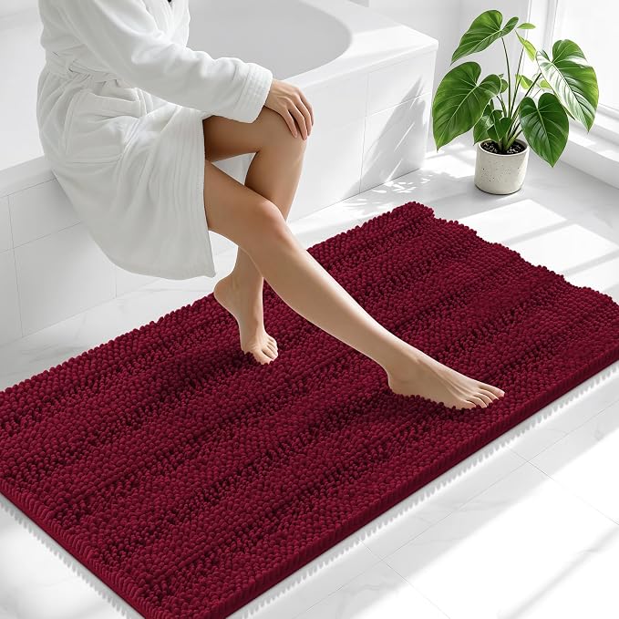 Smiry Thick Chenille Bathroom Runner Rugs 47x24, Extra Absorbent Striped Bath Mat, Machine Washable, Rubber Backing, Long Bath Rugs for Tub & Shower, Modern Home Decor Accessories, Burgundy