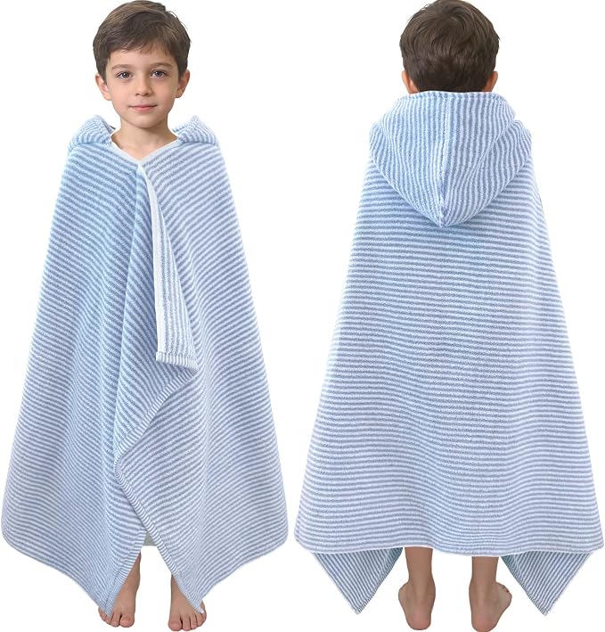 VOOVA & MOVAS Hooded Bath Towels for Kids | Soft Absorbent 100% Cotton Thick Towel Wrap | Versatile Beach, Pool, Swim & Bath Cover-Up | Blue White Thin Horizontal Stripe