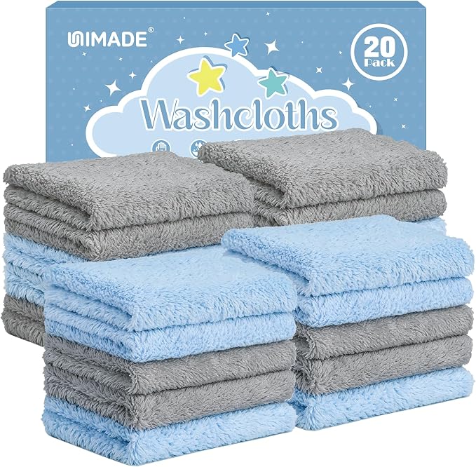 UNIMADE Baby Washcloths, 20 Pack Microfiber Coral Fleece Wash Cloths, Extra Absorbent Baby Towels for Newborns, Infants and Toddlers, Gentle on Sensitive Skin for Face and Body - 7" × 9", Blue&Grey