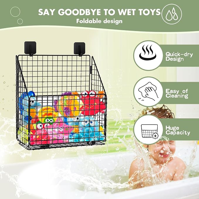 Greentainer 2-Pack Bath Toy Storage Organizer, Large Foldable Bathtub Toy Holder with Drainage, No Drill Adhesive Wall Mounted Rustproof Metal Wire Basket for Bathroom Tub & Shower Toys