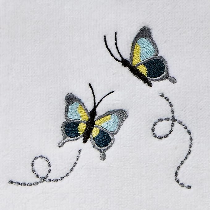 SKL Home Dancing Butterflies 100% Cotton Embroidered 2pc Hand Towel Set, Decorative for Bath/Kitchen/Bar & Gift, White