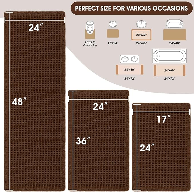 Upgraded Waffle Bath Mat Set 3 Piece Brown, Super Absorbent Non-Slip Quick Dry Bathroom Rugs with Tassels, Machine Washable Ultra Soft Boho Bath Rugs for Floor, Toilet Mats Boho Farmhouse Decor