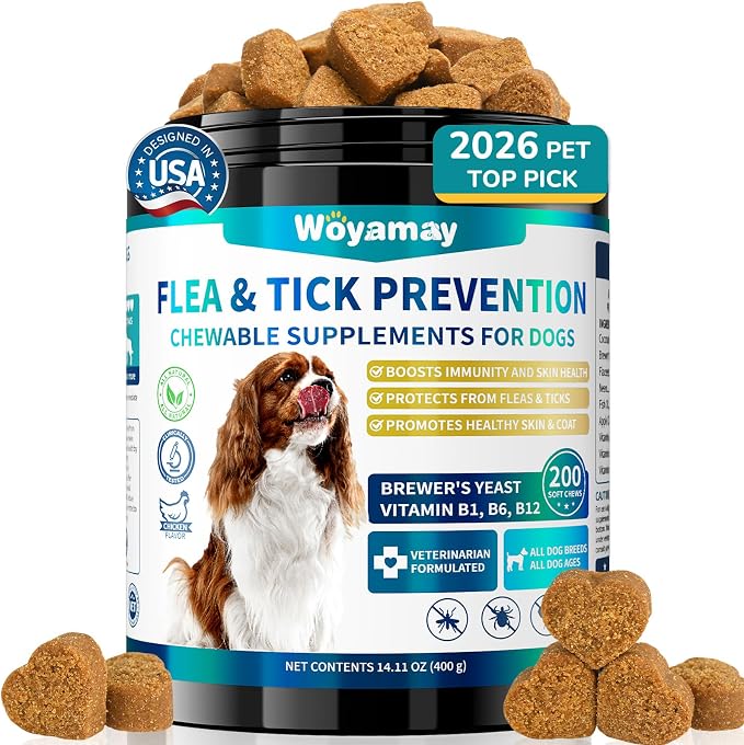 Woyamay Flea and Tick Prevention for Dogs Chewables, 200 Soft Treats, Natural Dog Flea and Tick Treatment, Oral Flea Chews for Dogs Supplement, Flea and Tick Chews for Dogs Puppies, All Breeds & Sizes