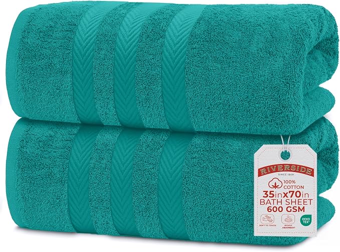 RIVERSIDE Pack of 2 Extra Large Bath Sheets 35 x 70 Inches, 100% Ring Spun Cotton, Hotel Quality, Oversized Bath Towels, Super Soft, Highly Absorbent & Quicker to Dry, Teal
