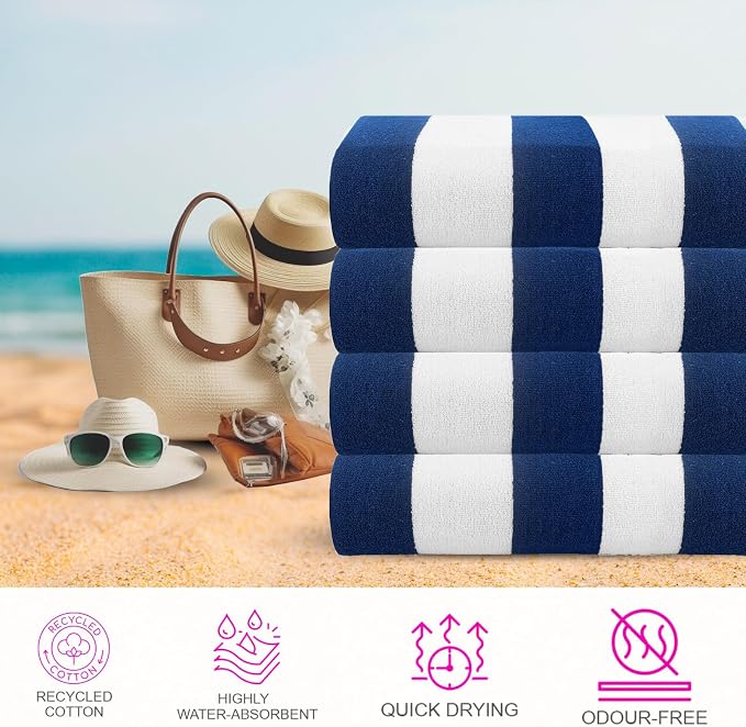 CASA COPENHAGEN Cabana Towel 4Pcs Navy Designer Stripe Beach Towels Set, 30"x60" Oversized 100% Cotton Pool Bath Towel for Beach (Gift Set for Women & Men)