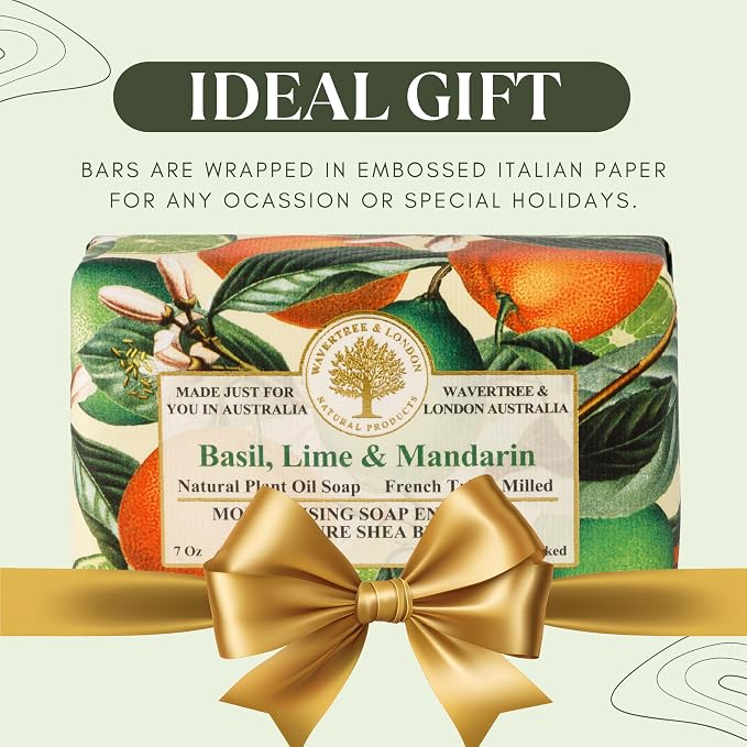 Wavertree & London Basil Lime & Mandarin Scented Natural Soap Bar, 7oz Moisturizing French Triple Milled Soap Bar for Women & Men Enriched with Organic Shea Butter, Pure Bath & Body Soap (1 Bar)