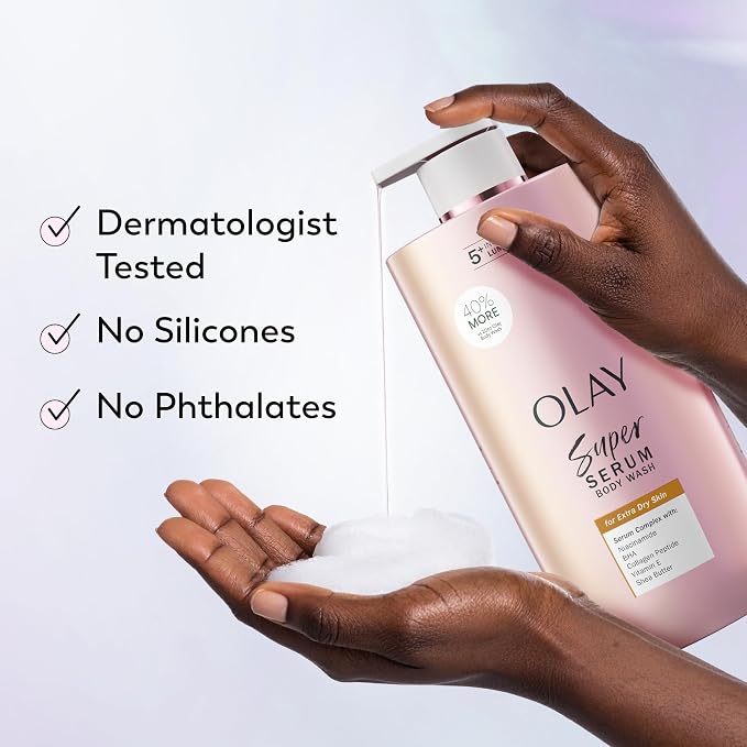 Olay Super Serum Body Wash for Extra Dry Skin, 24hr Long Lasting Rich Hydration, 5+ Ingredient Complex for Bright, Even, Firm, & Luminous Skin, with Collagen Peptide, Vitamin C & Shea Butter, 28 fl oz