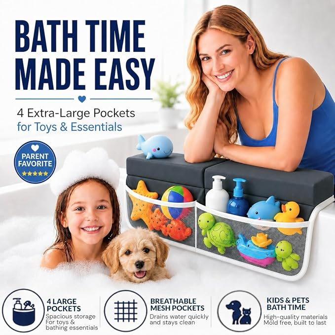 Comfortable Baby Bath Kneeler and Elbow Rest Pad Set, Non-Slip Bathtub Kneeling Pad for Bathing Baby, Bath Tub Cushion Mat, Elbow Pads, Toy Organizer Storage Pockets, Strong Suction Cups (Dark Gray)