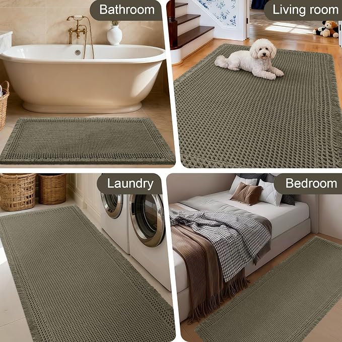 Upgraded Waffle Bath Mat, 36"x24" Greyish Green-Bordered, Super Absorbent Non-Slip Quick Dry Bathroom Rugs with Tassels, Machine Washable Ultra Soft Boho Bath Rugs, Toilet Mats Boho Farmhouse Decor