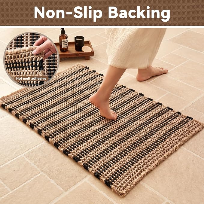 Triohero Waffle Bath Mat, Boho Bathroom Rugs Non Slip Washable, Ultra Soft Super Absorbent Quick Dry Farmhouse Bathroom Decor, 24" x 48", Khaki & Black
