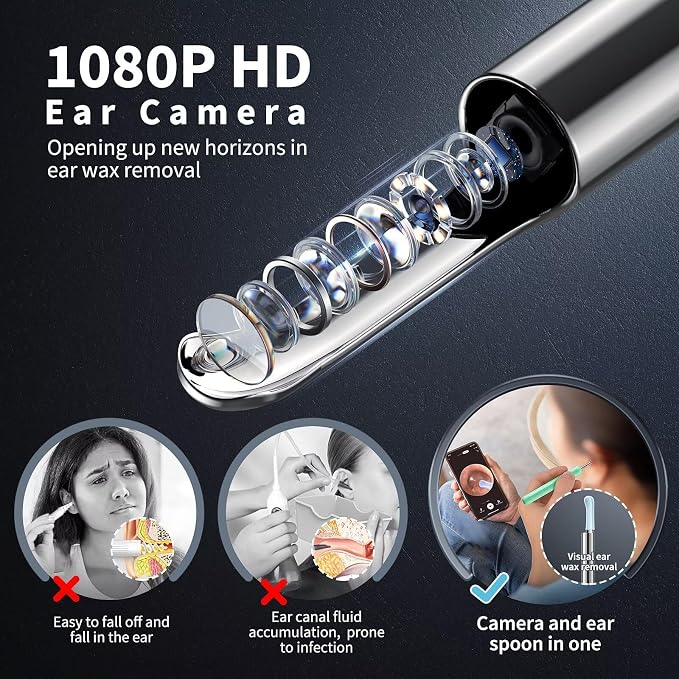 Ear Wax Removal, Ear Cleaner with Camera and Light, Ear Wax Removal Kit with 8 Pcs Set, Ear Wax Removal Tool Camera with 1080P, Ear Cleaning Kit with 6 Spoons, Ear Camera for iOS & Android (Green)