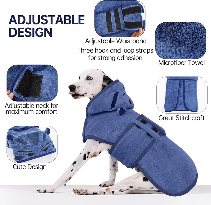 Dog Bathrobe Dog Drying Coat, Microfibre Material Fast Drying Super Absorbent Dog Bath Towel, Magic Sticker & Belly Strap, Dog Robes for After Bath Dog Bath Robe for Puppy Small Medium Large Dog Cat