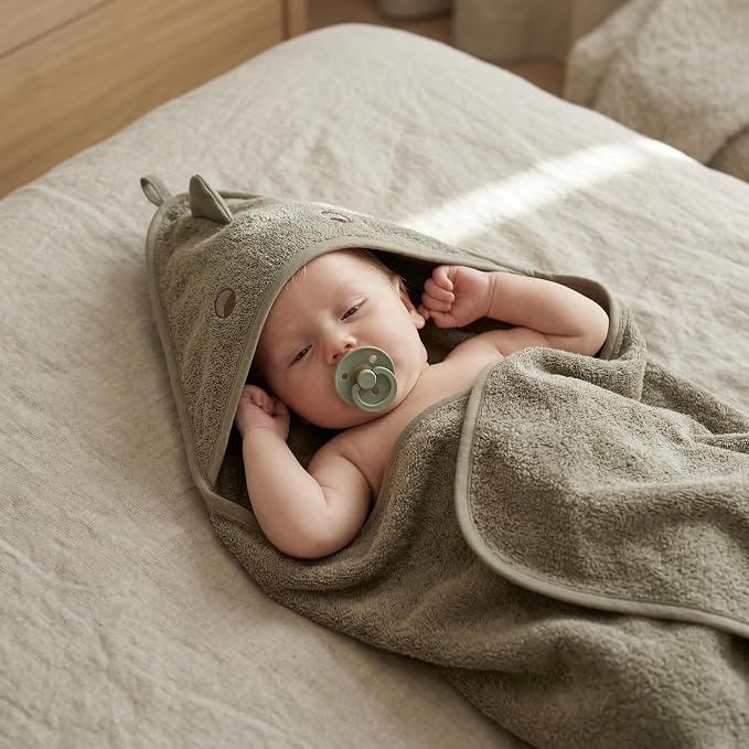 Hooded Baby Towel – 100% Organic Cotton Baby Bath Towels – Baby Boy Newborn Essentials - Super-Soft and Absorbent. (Dino - Green Moss)