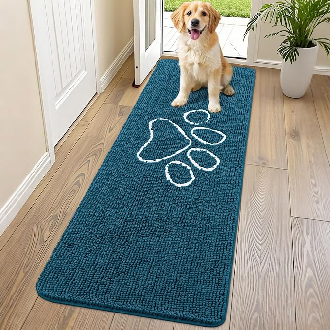 Smiry Dog Door Mat for Muddy Paws, Absorbent Dirt Trapper Non Slip Quick Dry Washable Chenille Mat for Mud Dogs, Entry Rug for Indoor and Outdoor (70x24 Inches, Atlantic Blue and White)