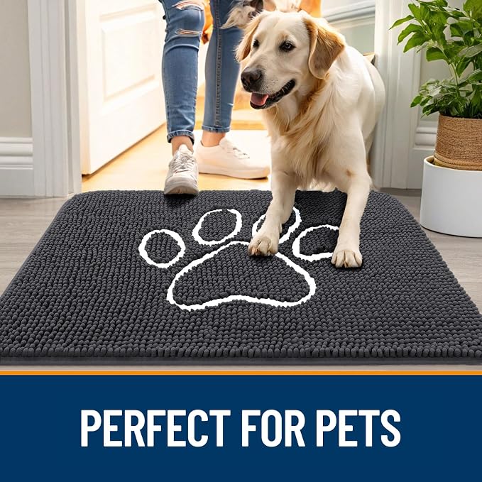 OLANLY Dog Door Mat for Muddy Paws 47x20, Paw Print Design, Absorbs Moisture and Dirt, Absorbent Non-Slip Washable Doormat, Quick Dry Chenille Mud Mat for Dogs, Entry Indoor Entryway Carpet, Dark Grey