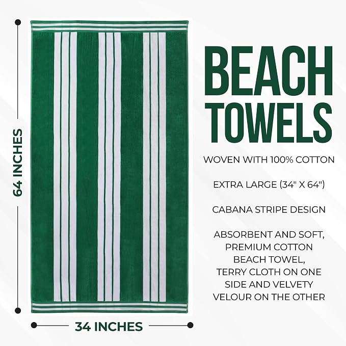 Superior Cotton Cabana Striped Beach Towels, Colorful Towels for Adult, Kid, Pool, Swimming, Sand, Travel, Large Oversized, Absorbent, Fast Drying, Bath Basics, Cabana Collection, 1 Piece, Dark Green