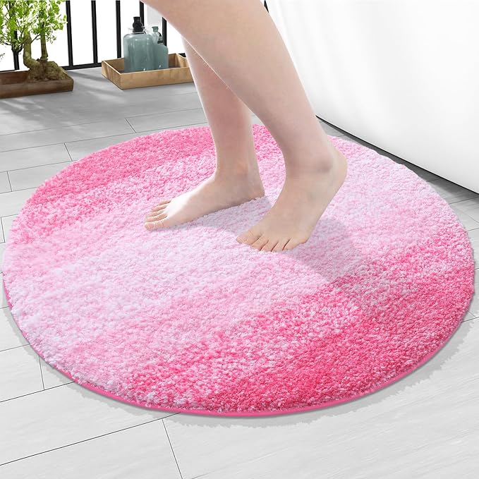 Arotive Microfiber Bathroom Rugs, Shaggy Soft and Absorbent Bath Rug, Thick Plush Machine Washable Dry Bath Mats for Bathroom, Tub and Shower, 24x24, Pink, Round