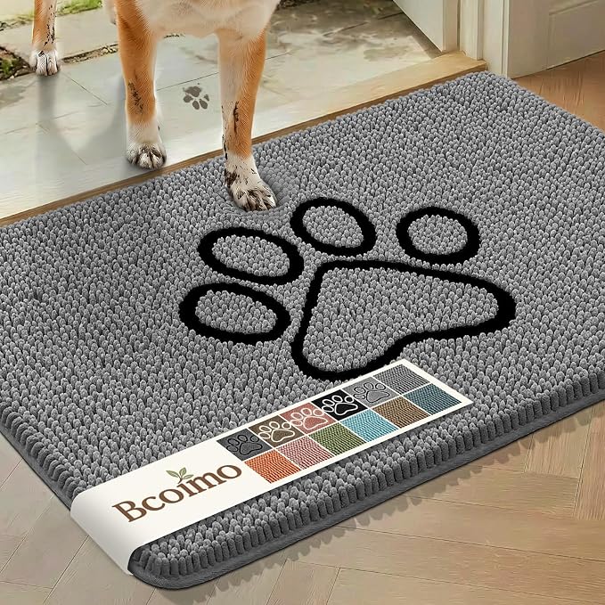 Bcoimo Dog Door Mat for Muddy Paws – Super Absorbent & Quick Dry Chenille Entryway Rug, Non-Slip Indoor Mat Perfect for Pet Owners, Machine Washable Dirt Trapper (Grey 36×24 Inches