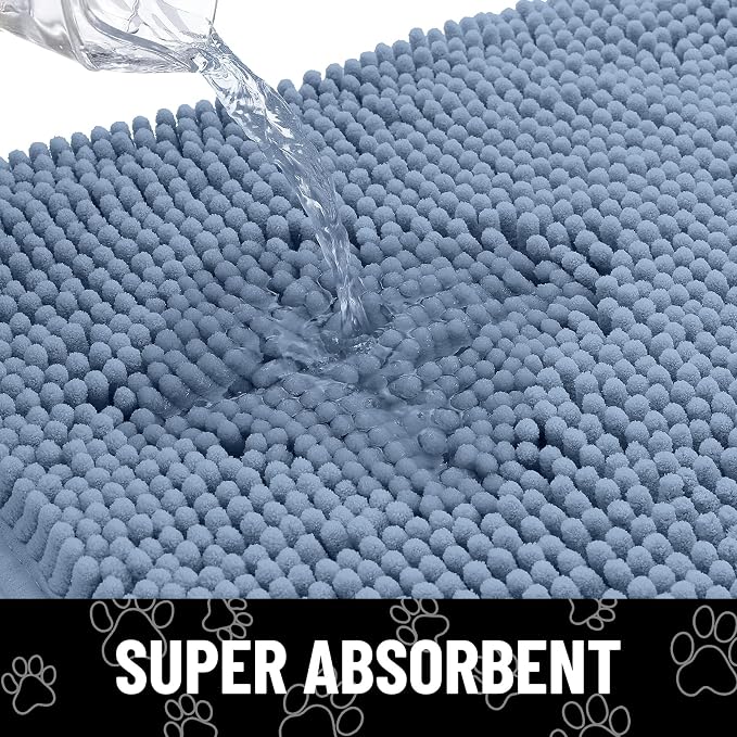 Smiry Dog Door Mat for Muddy Paws, Absorbent Dirt Trapper Non Slip Quick Dry Washable Chenille Mat for Mud Dogs, Entry Rug for Indoor and Outdoor (71x46 Inches, Airy Blue and White)