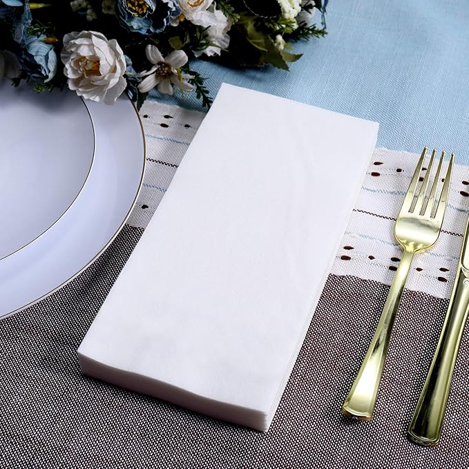 FOCUSLINE 100 Disposable Bathroom Napkins, Linen-Feel Paper Guest Towels, Soft and Absorbent Paper Hand Towels Party Napkins for Bathroom, Kitchen, Dinner, or Event, White, 12" x 17"