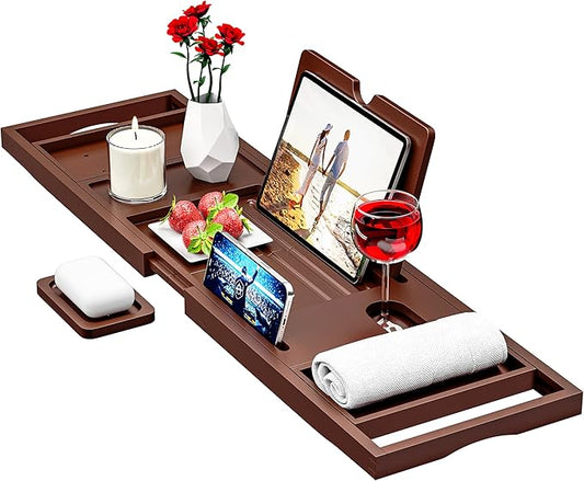 Premium Bamboo Bathtub Caddy Tray - Bath Tray - Bath Tub Tray Table for Bathtub - Expandable Size, Fits Most Bath Tubs - Brown