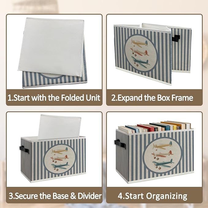Airplane Nursery Foldable Storage Bins Box with Handles, Blue Striped Airplane Toddler Boy Collapsible Organizer Basket for Boys Kids Bedroom Bathroom Playroom Clothes Books