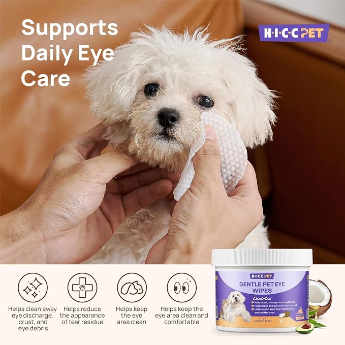 HICC PET Pet Face & Eye Area Wipes for Dogs & Cats, Gentle Wipes for Routine External Cleaning Around Eyes, Face Folds & Wrinkles, Helps Clean Everyday Tear Residue, 200 Count
